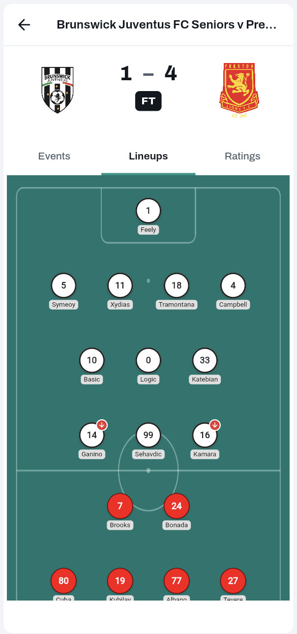FanScout team sheet showing the starting eleven and bench