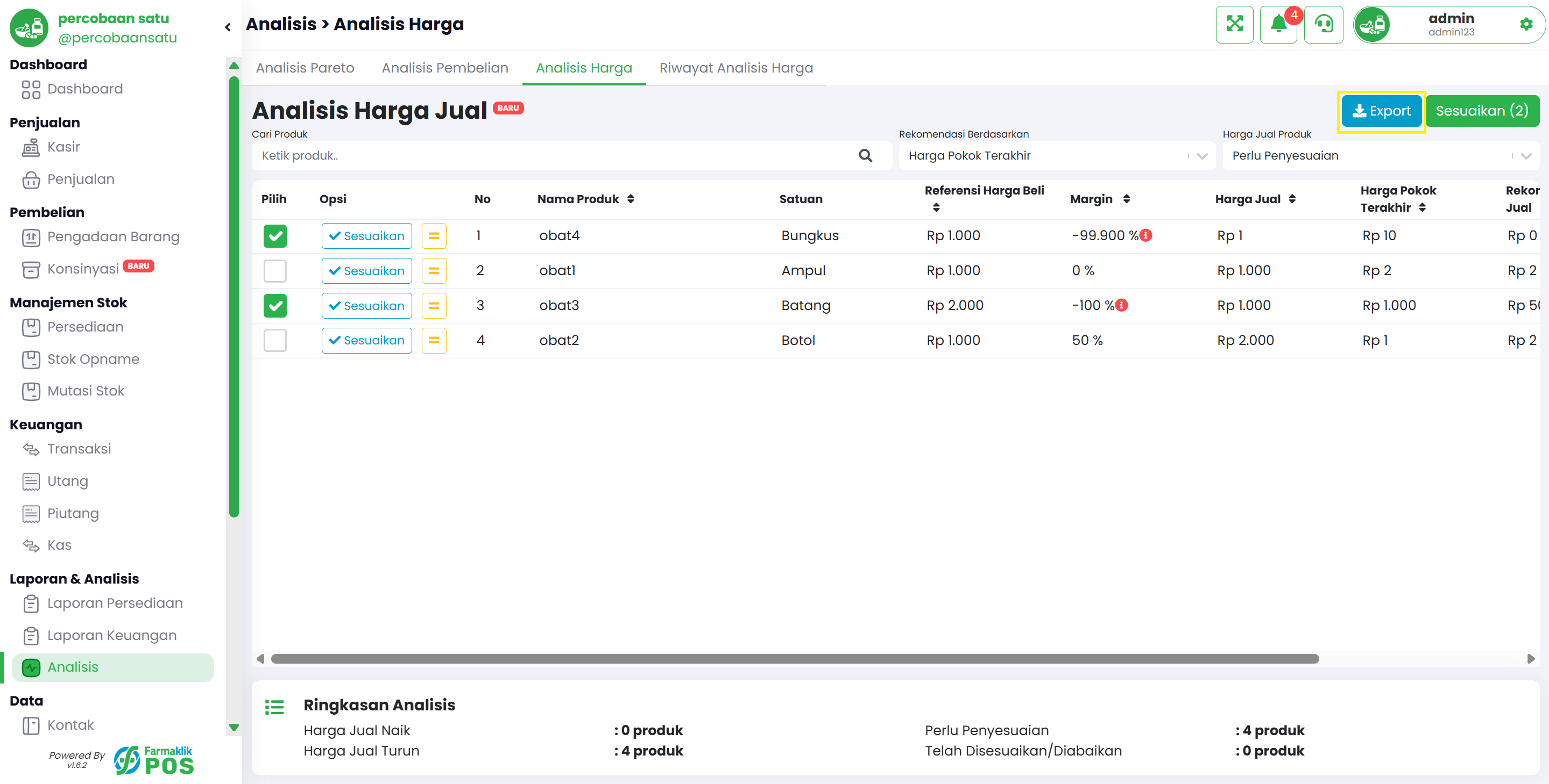 Langkah 1: Tabel Data Analisis Harga Produk dan Export Data