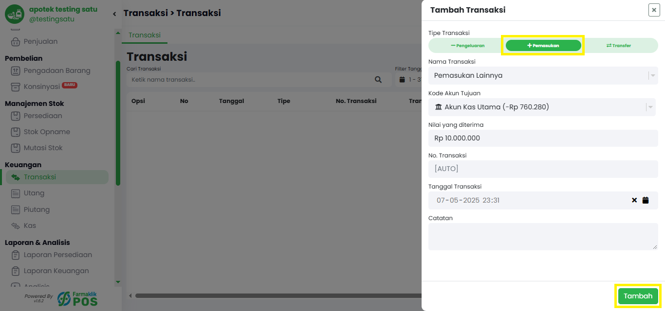 Langkah 2: Isi Detail Transaksi & Simpan Transaksi
