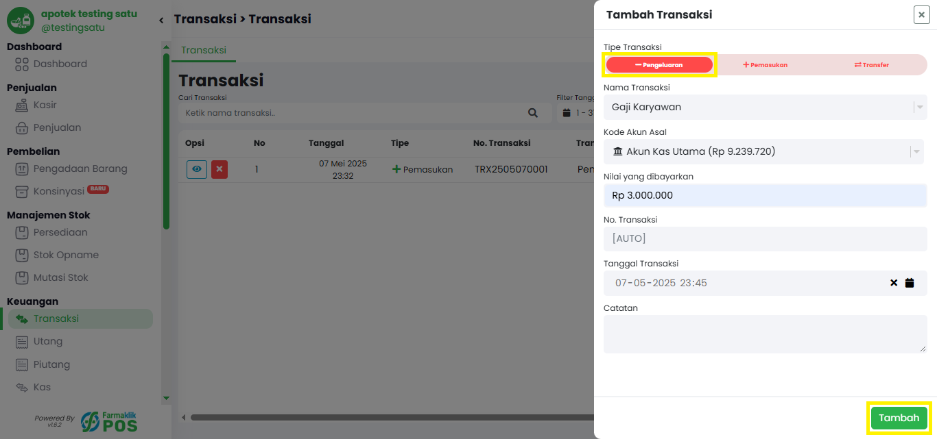 Langkah 2: Isi Detail Transaksi & Simpan Transaksi