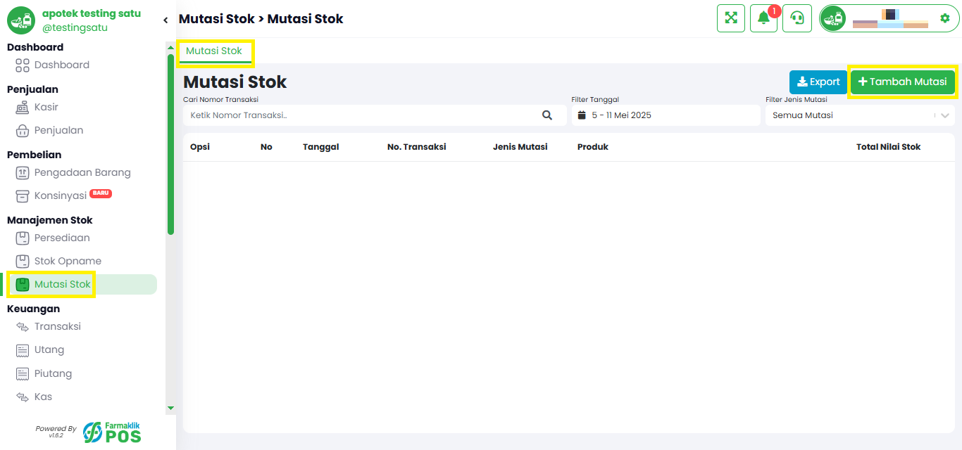 Langkah 1: Buka Menu Mutasi Stok