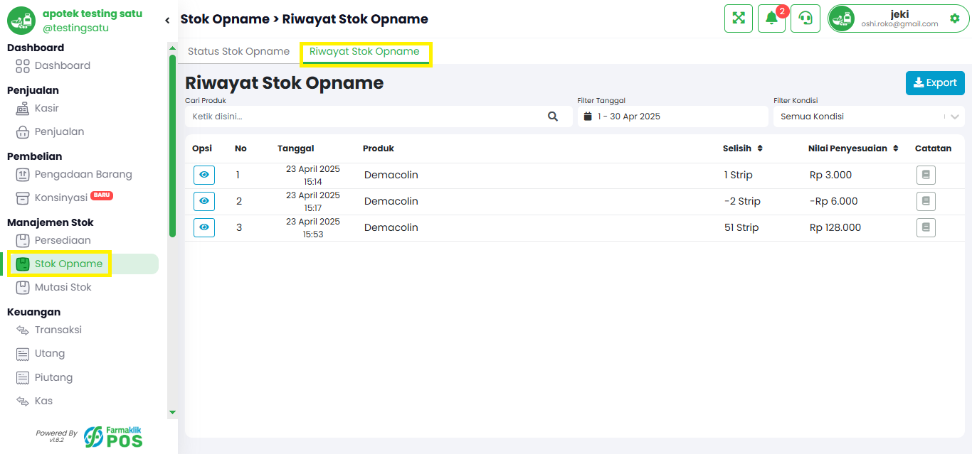 Langkah 1: Buka Menu Stok Opname dan Tab Riwayat Stok Opname