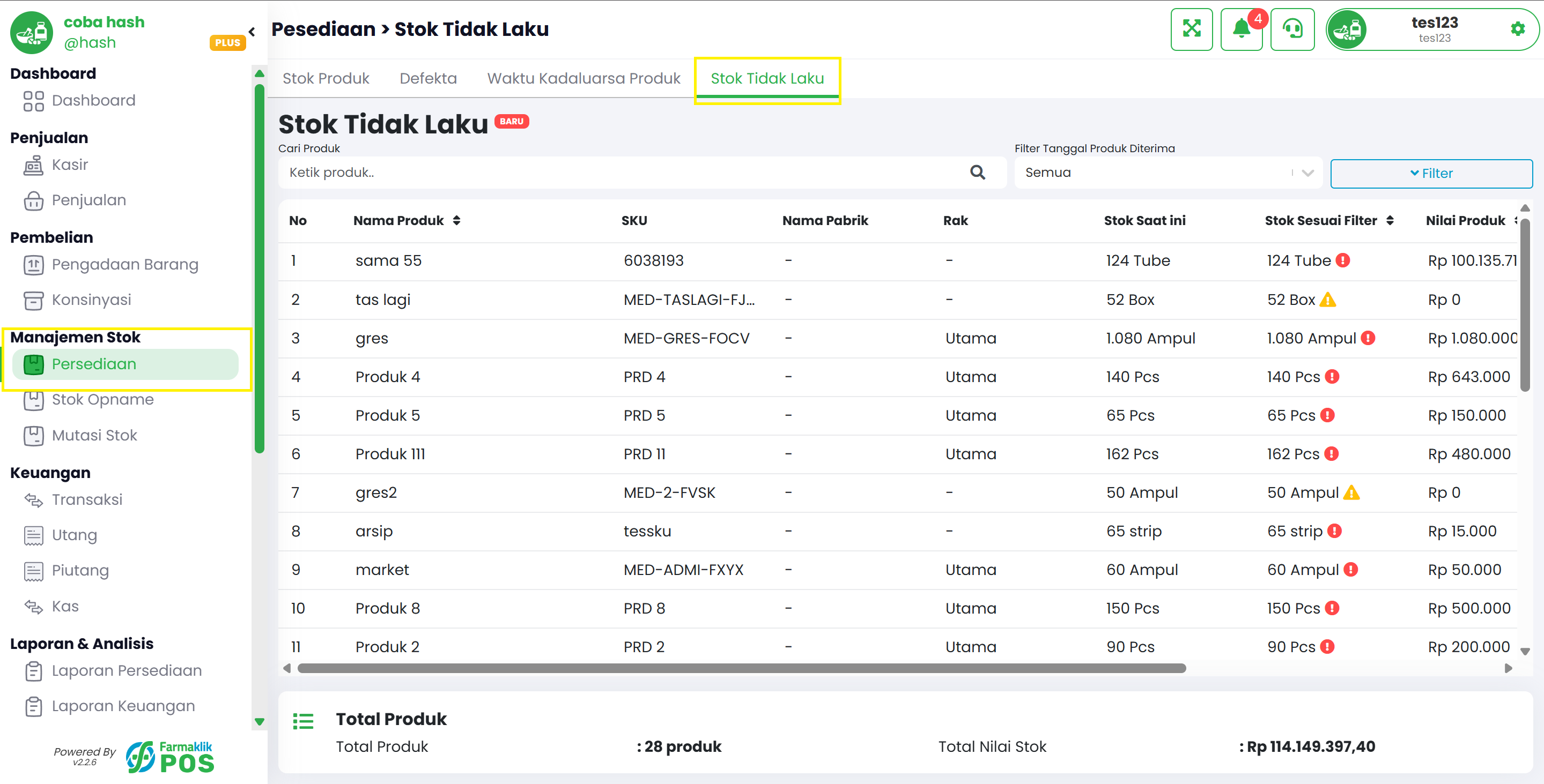 Langkah 1: Buka Menu Persediaan dan Tab Stok Tidak Laku