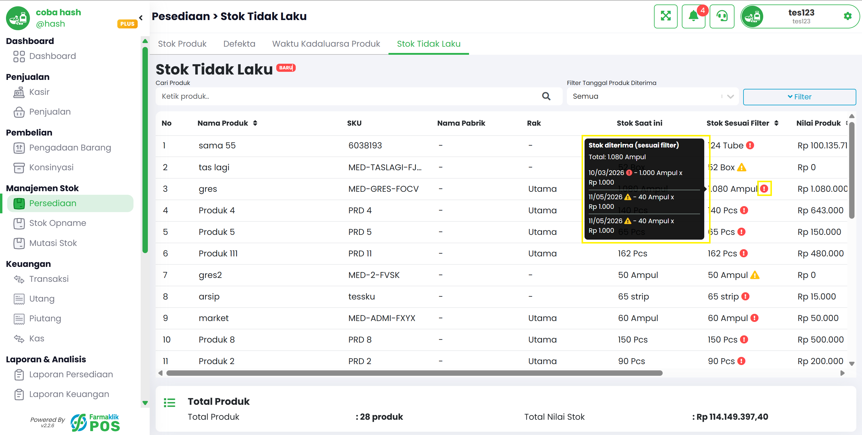 Langkah 3: Lihat Detail Stok via Tooltip