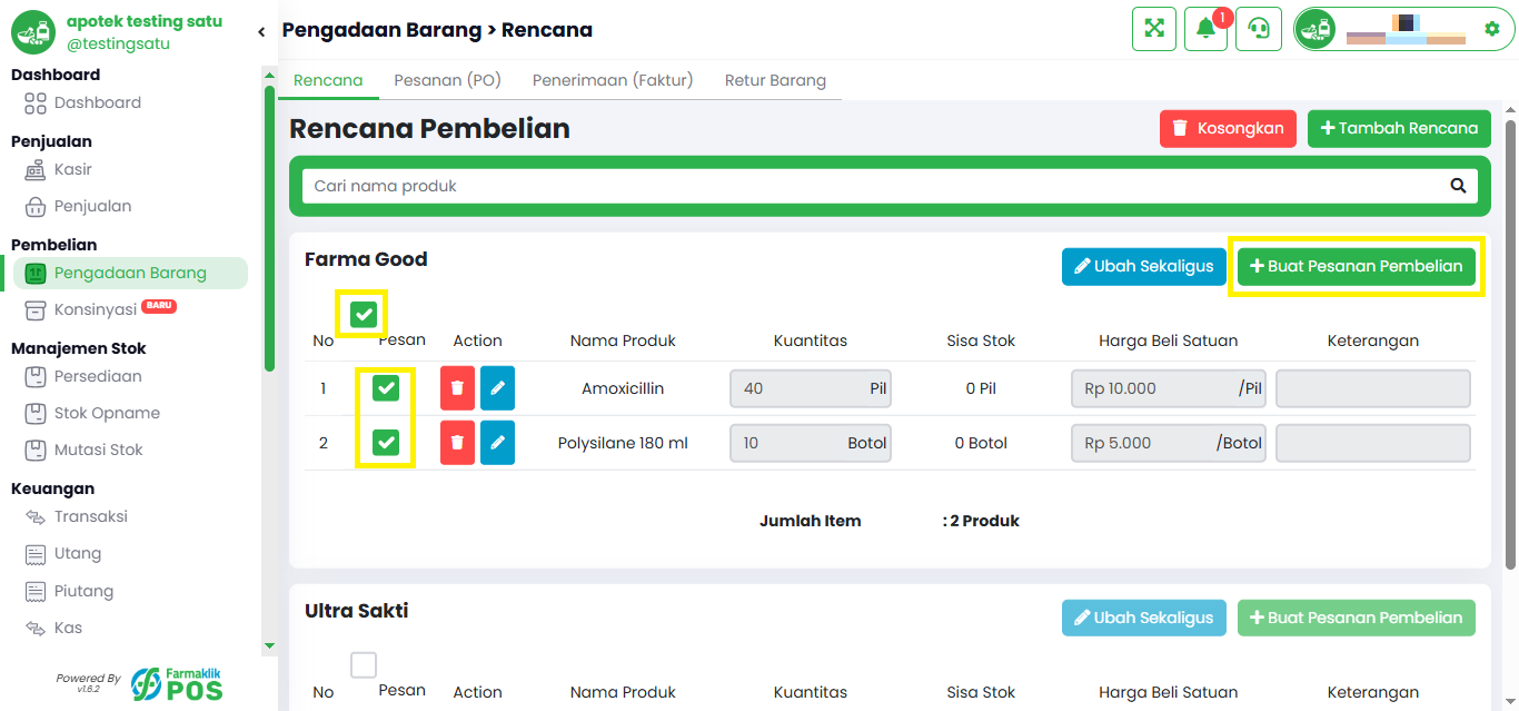 Langkah 1: Centang Produk di Rencana