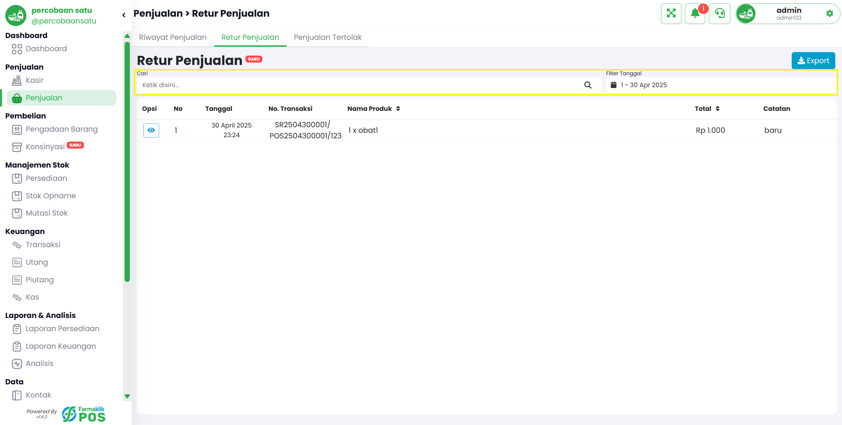 Langkah 1: Filter Daftar Retur Penjualan
