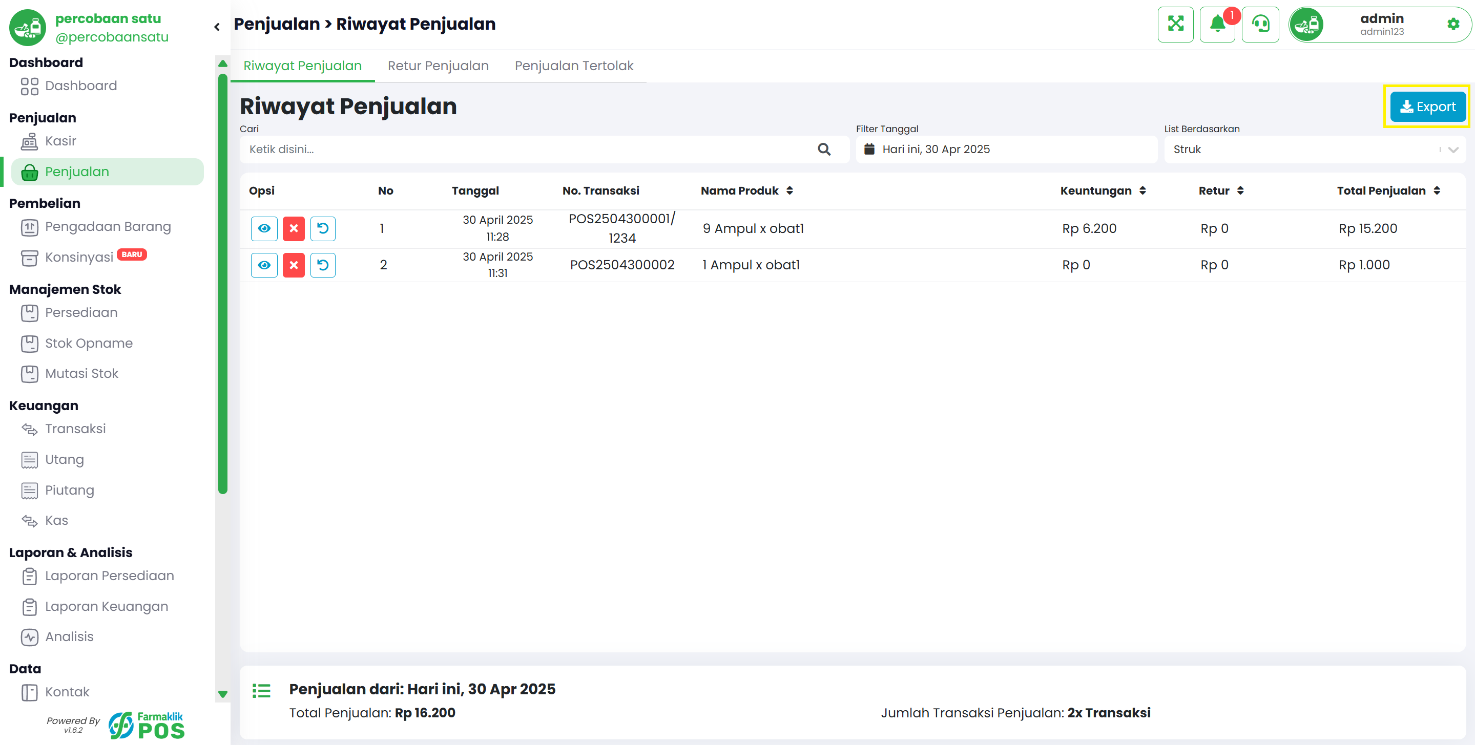 Langkah 4: Export Daftar Riwayat Penjualan ke Excel.