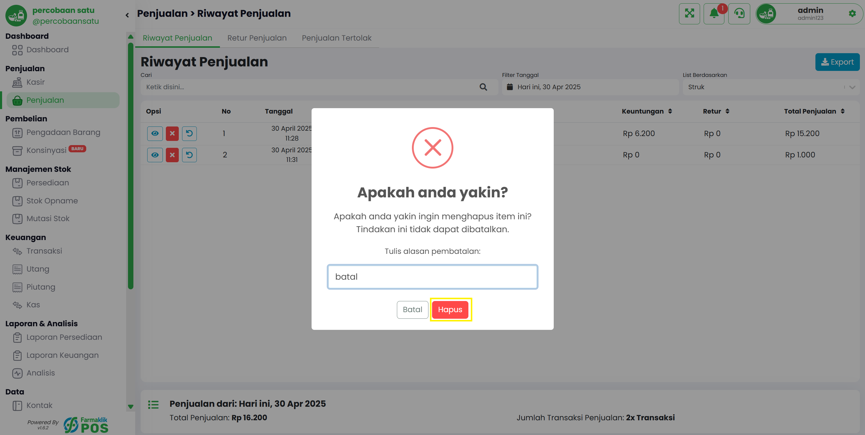 Langkah 2: Masukkan Alasan Pembatalan Penjualan.