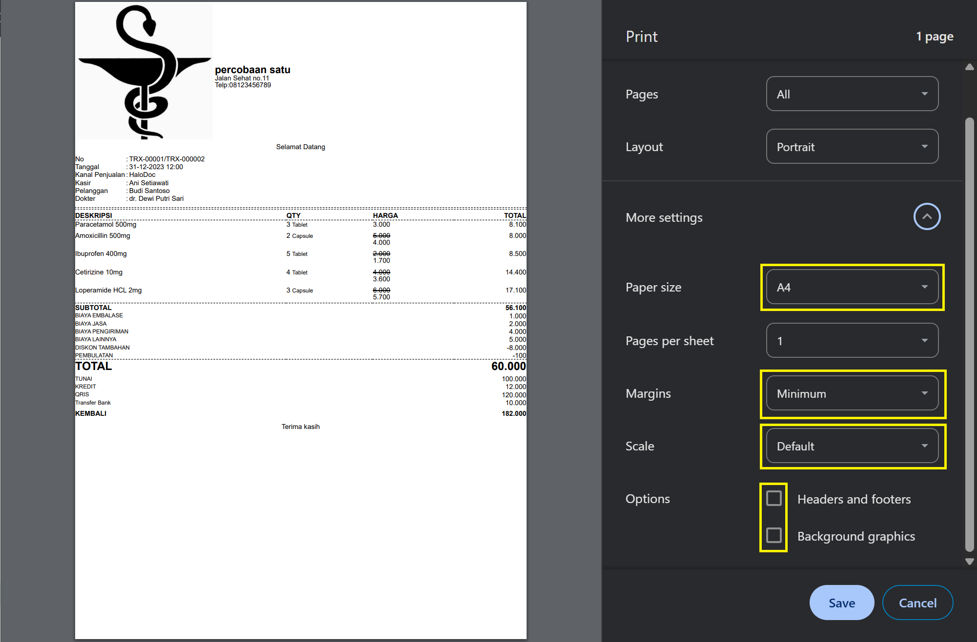 Preview Cetak Struk dengan Format Website.
