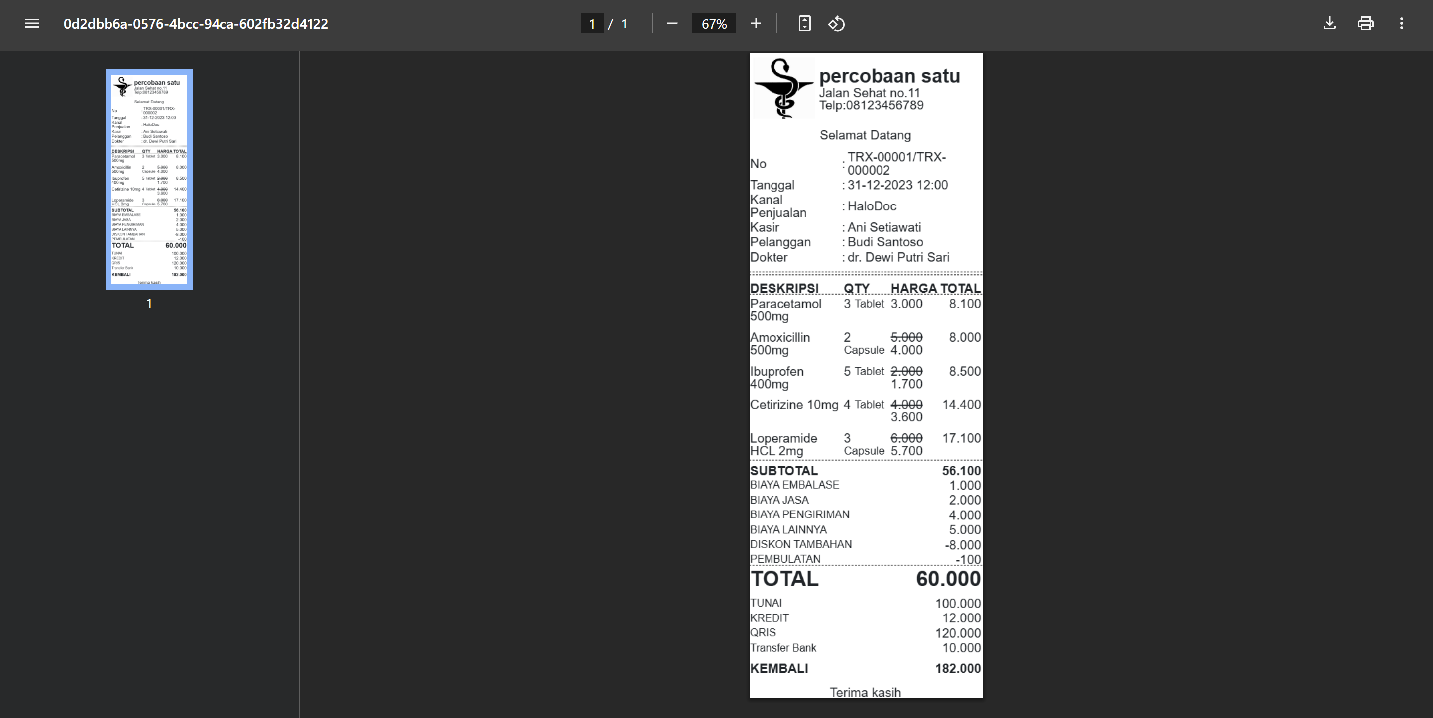 Preview Cetak Struk dengan Format PDF.