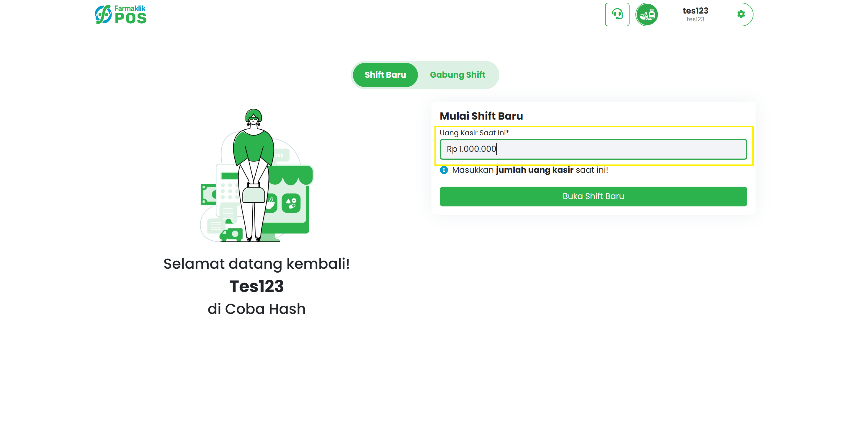 Langkah 3: Buka Shift Baru