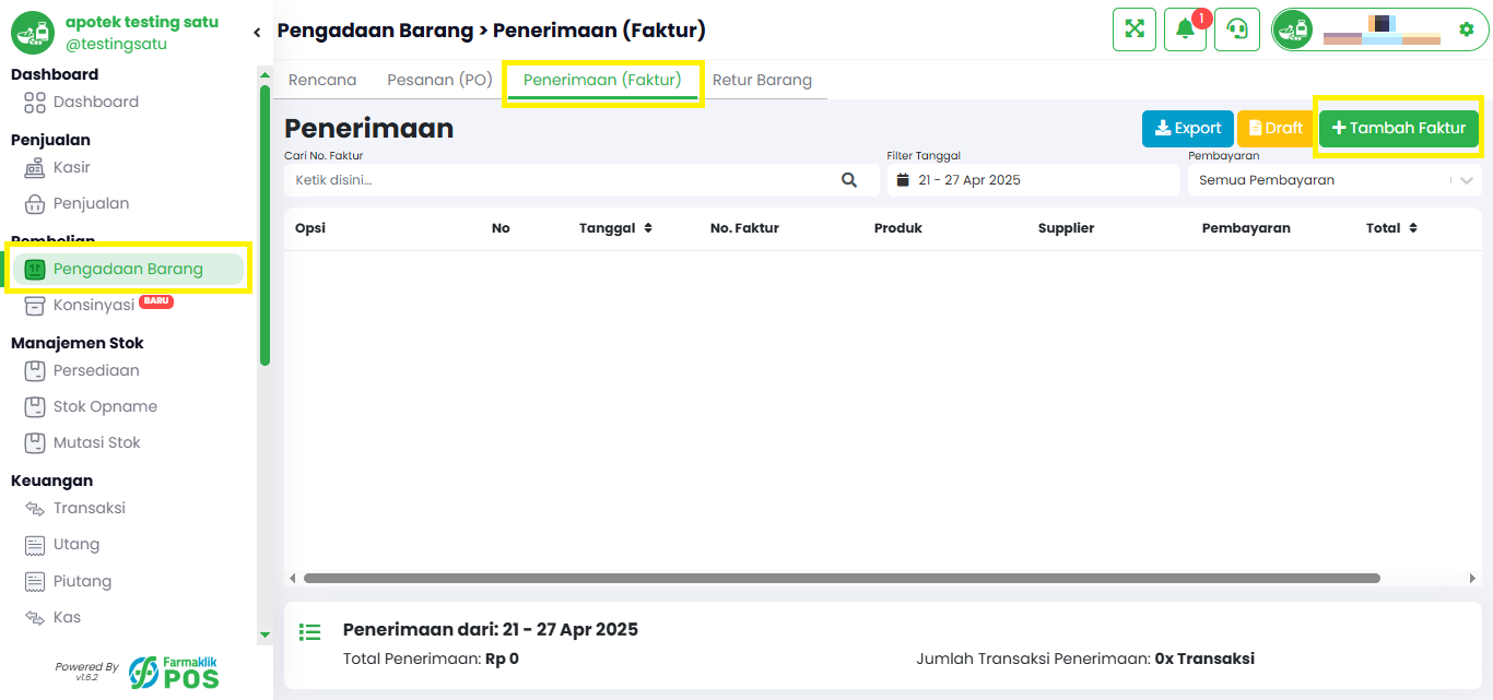 Langkah 1: Masuk ke Menu Penerimaan (Faktur)