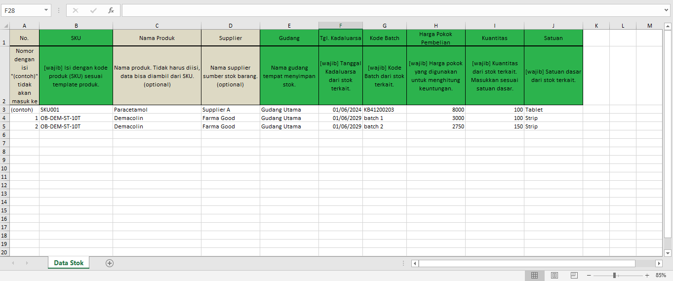 Langkah 2: Isi Template Stok
