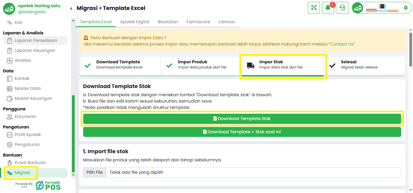 Langkah 1: Masuk ke Menu Migrasi & Download Template Stok
