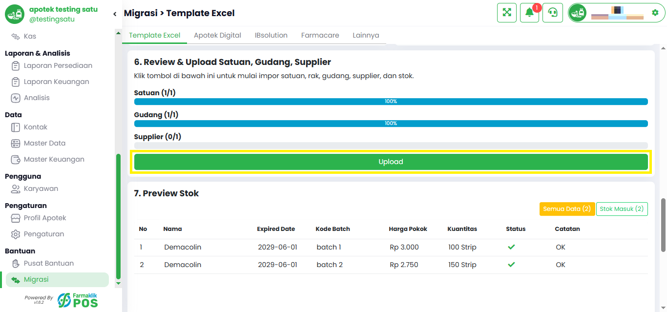 Langkah 5: Upload Satuan, Gudang, dan Supplier