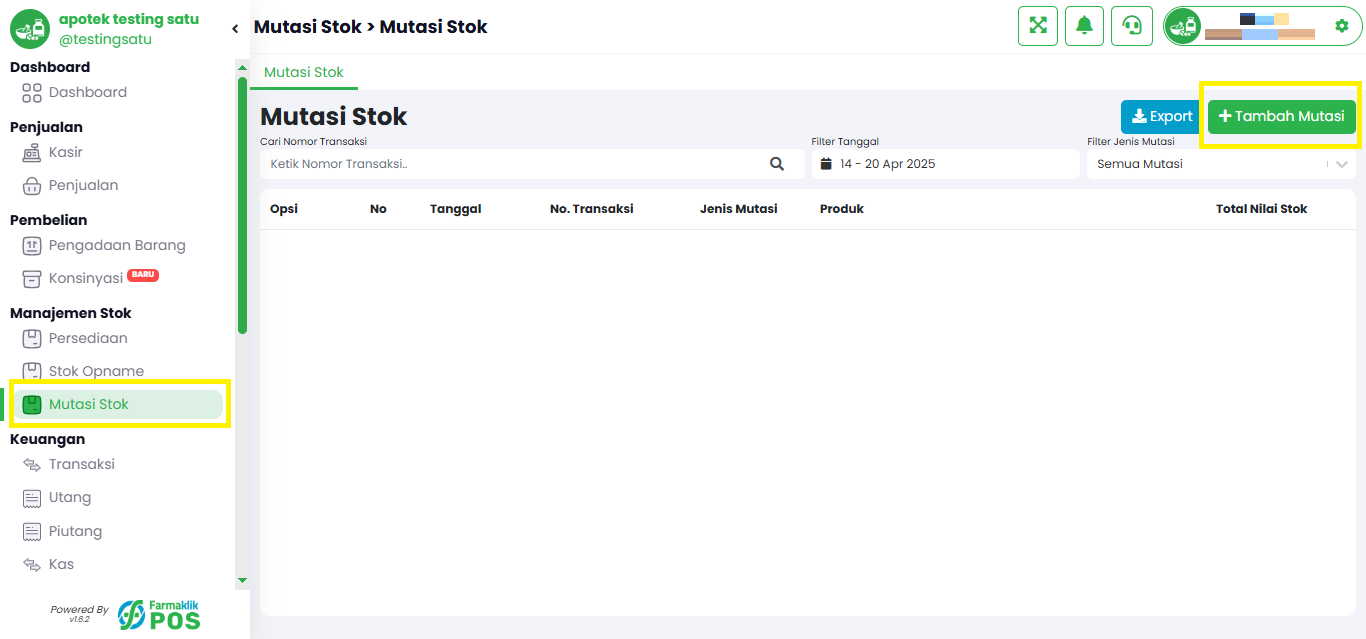 Langkah 1: Masuk ke Menu Mutasi Stok