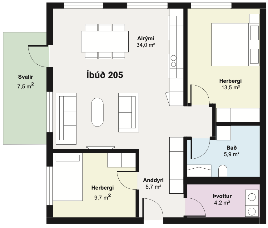 Teikning fyrir íbúð 205