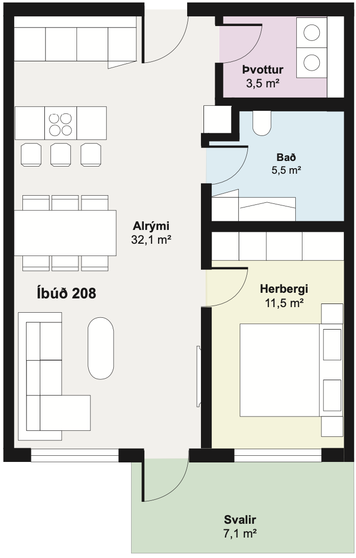 Teikning fyrir íbúð 208