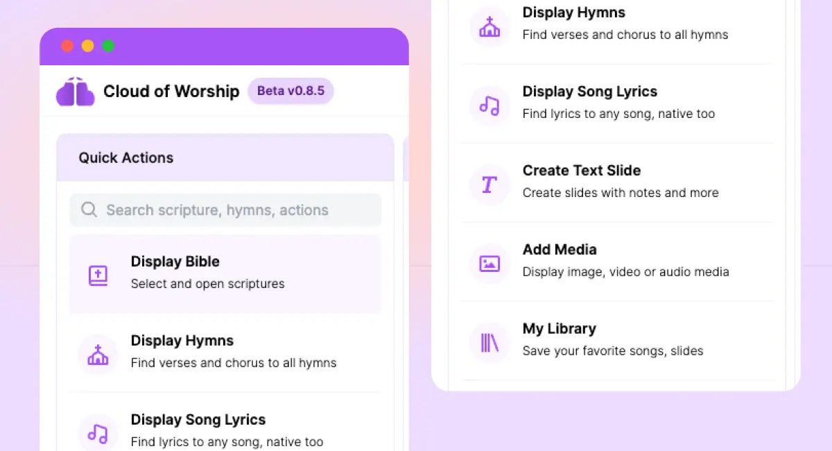 Quick Actions Pane in Cloud of Worship