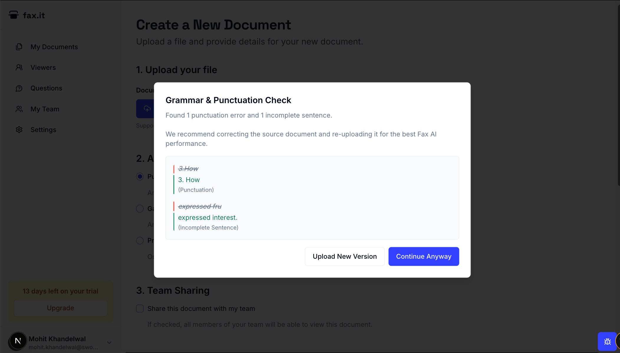 Grammar check dialog