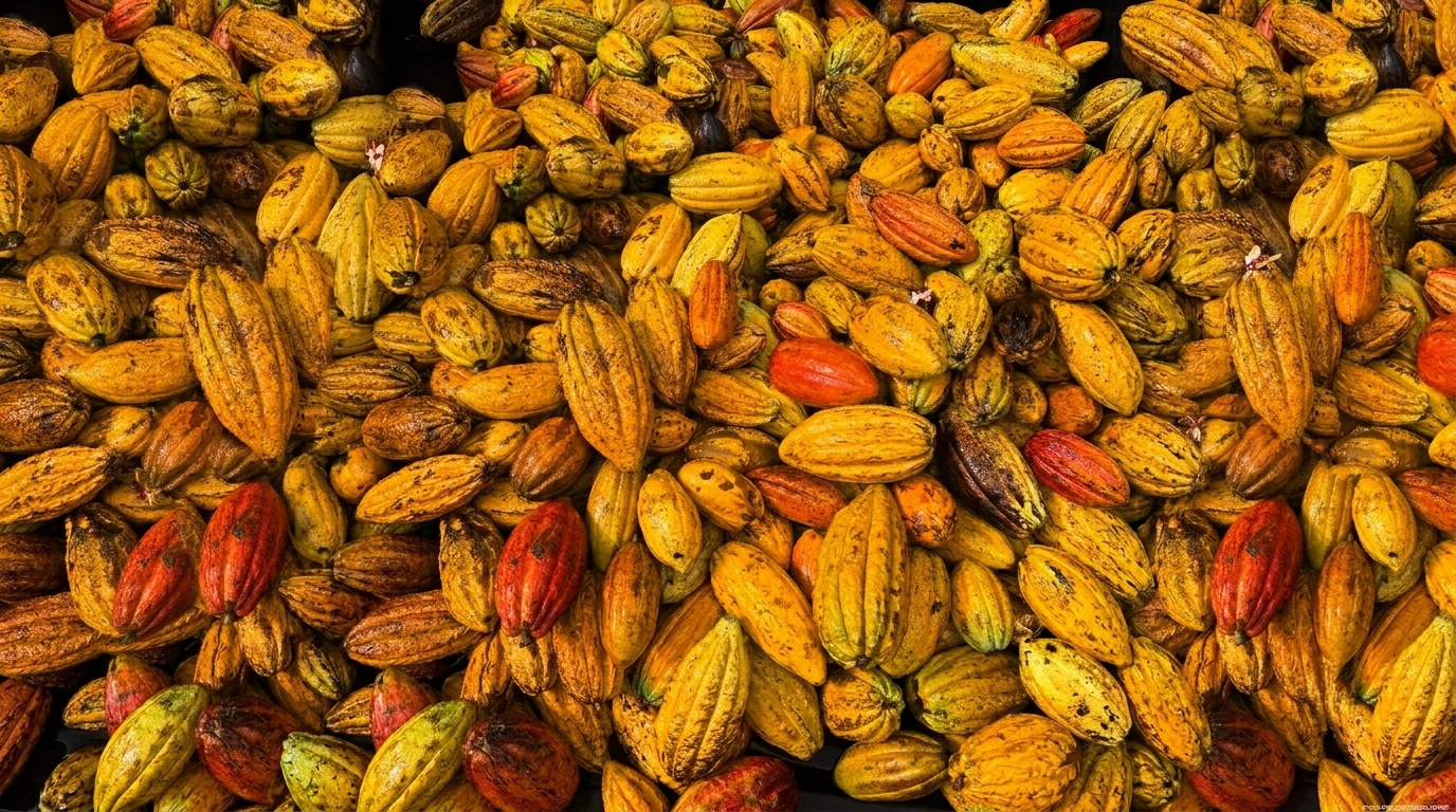 close up of ripe cacao pods on a tree branch in a lush organic farm, warm golden hour lighting, rich earth tones