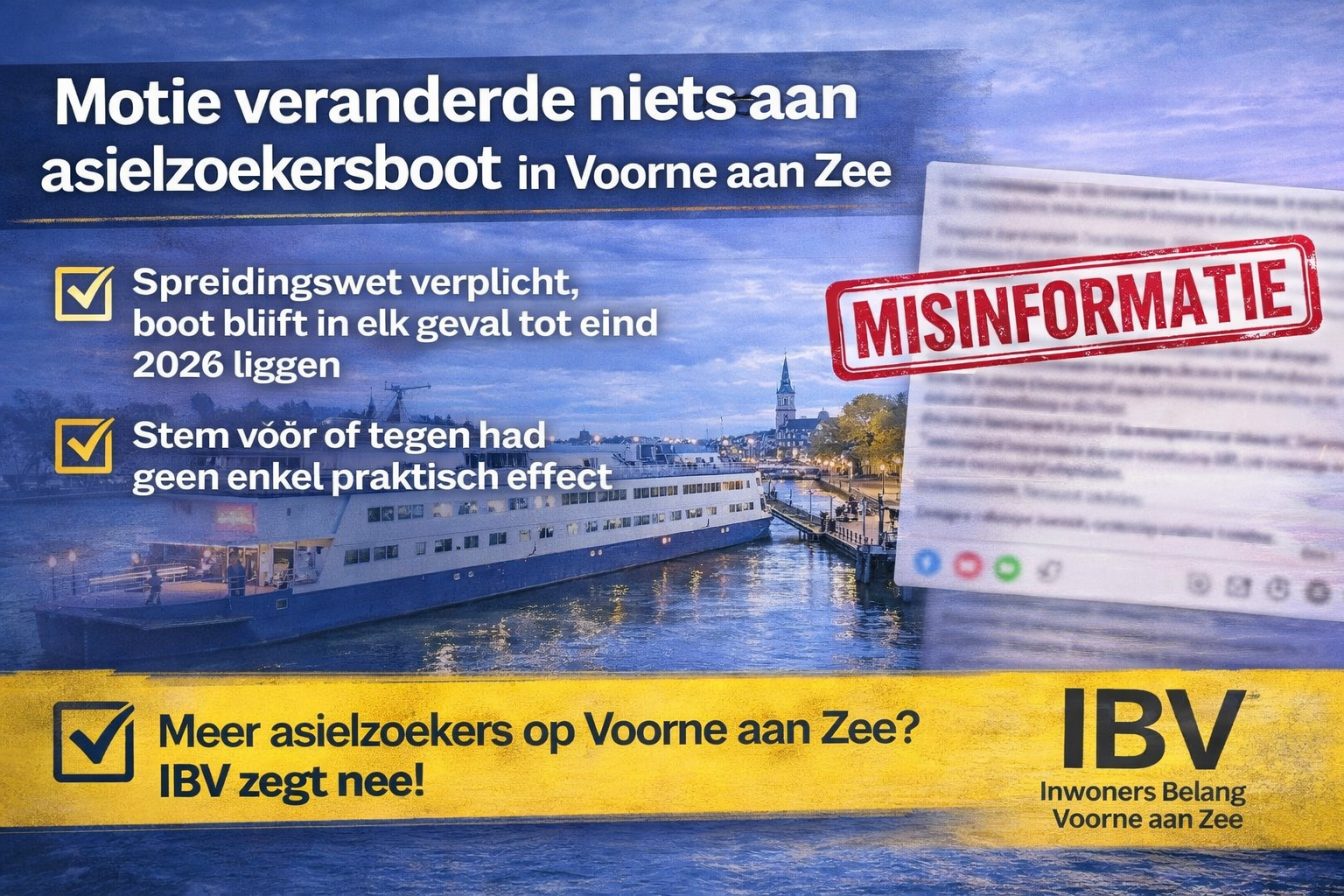 IBV: ‘Motie veranderde niets aan asielzoekersboot in Voorne aan Zee’