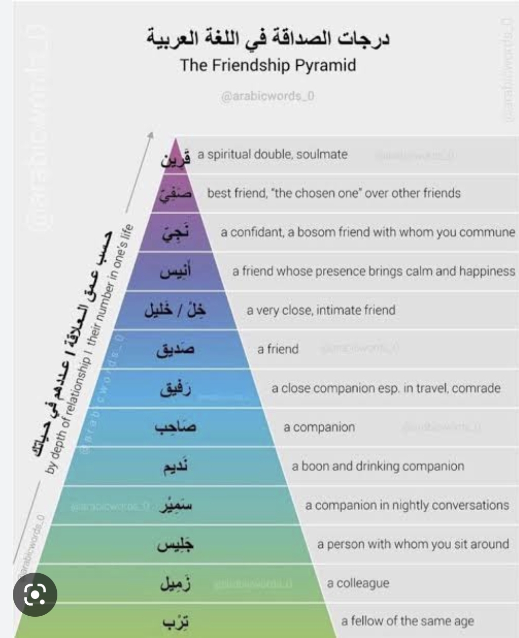 بصى على معانى الصداقة كده ففى الهرم ده وهتلاقيها كتير جدا وهتلاقى بالفعل عندك اصدقاء بس بمعانى بعيدة عن استخدامنا . الزملاء فى الدراسة والعمل ليهم درجة صداقة اى شخص بنشاركة اى نشاط ليه درجة صداقة بنخت...