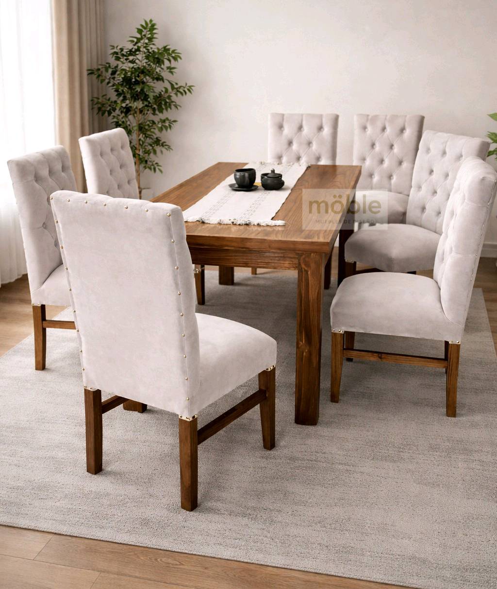 Juego de comedor con sillas capitone