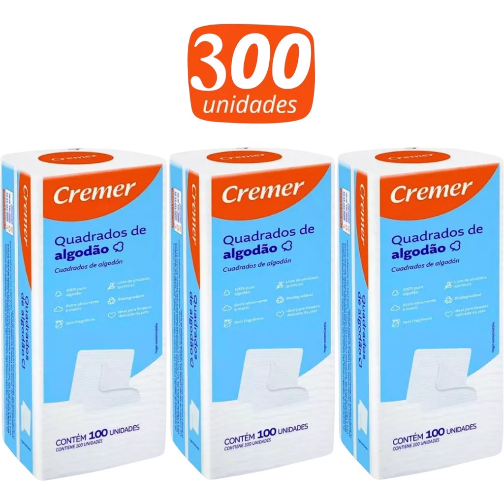 ￼Kit 3x Algodão 100un Quadrado Bebê Sem Perfume Limpeza Macio