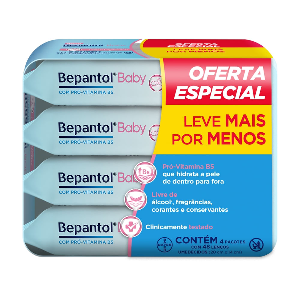 Kit Lenço Umedecido Bepantol Baby Leve 4 Pague 3 48 Unidades Cada