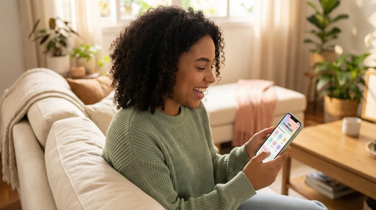 Mulher criando lista de presentes no celular para chá de bebê