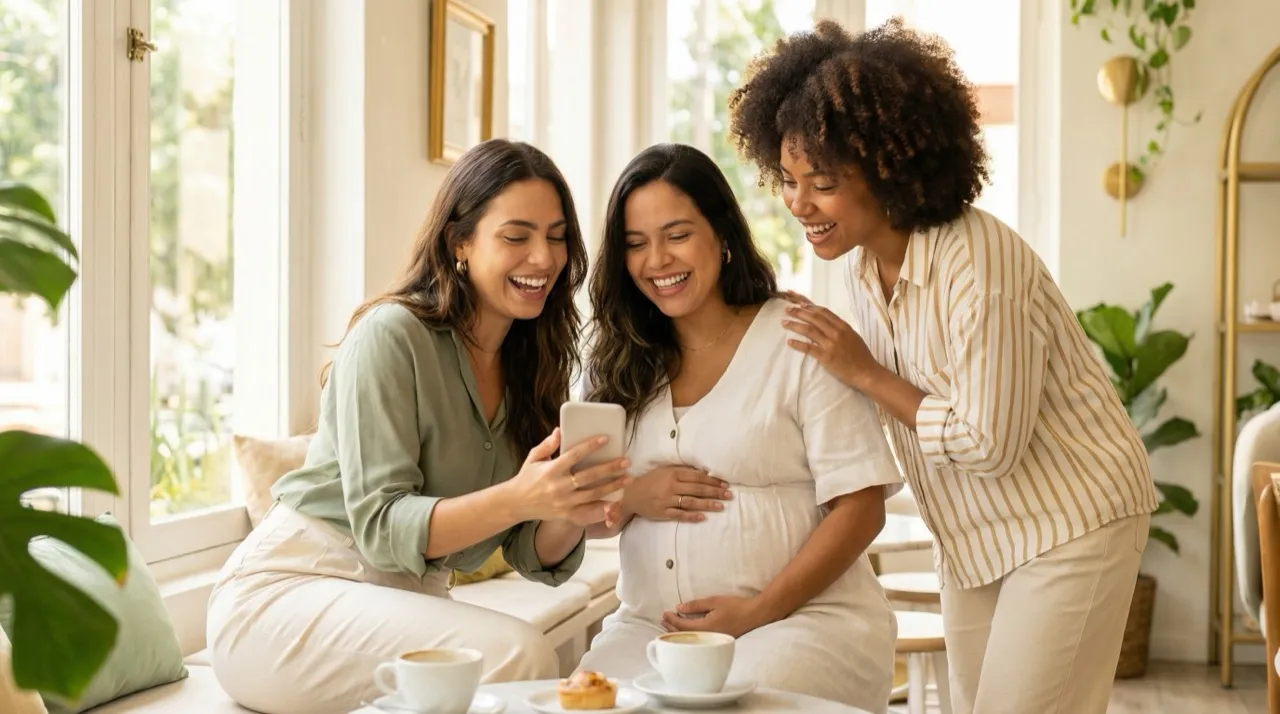 Amigas compartilhando convite de chá de bebê pelo celular