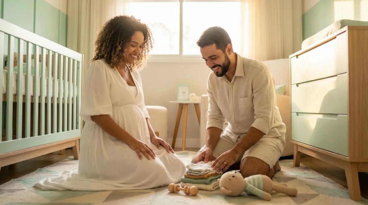 Casal no quarto do bebê com presentes recebidos via Celebrei