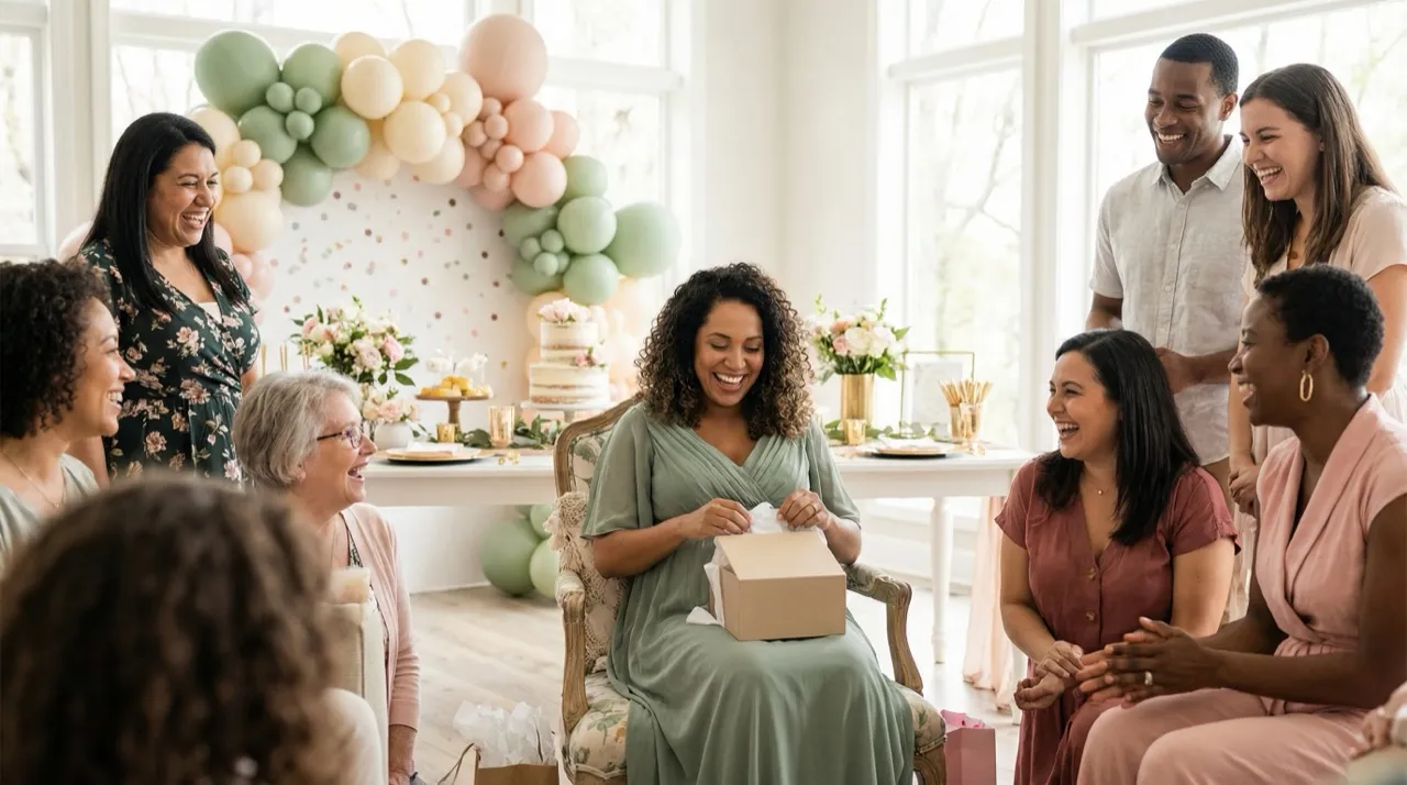 Festa de chá de bebê com família abrindo presentes