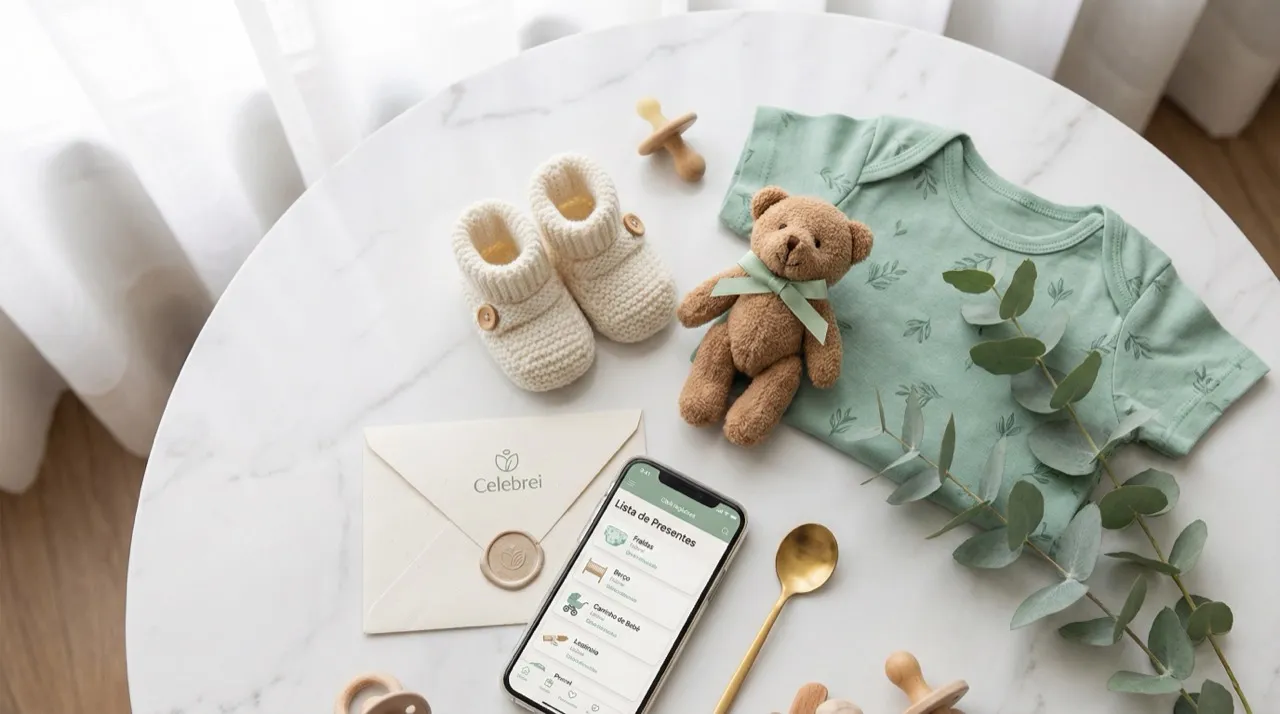 App Celebrei mostrando lista de presentes moderna