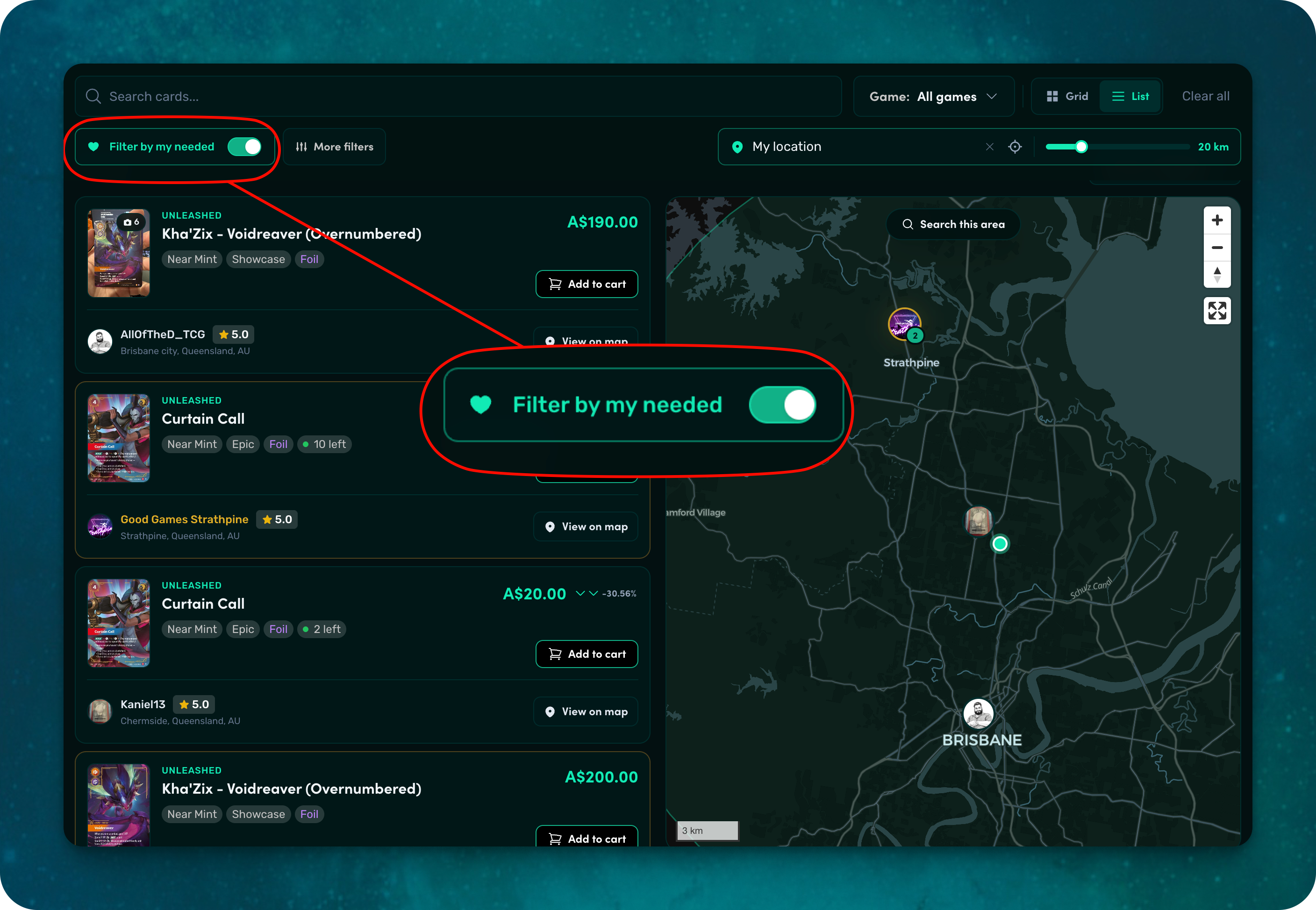 Needed tab — listings filtered to your wishlist.