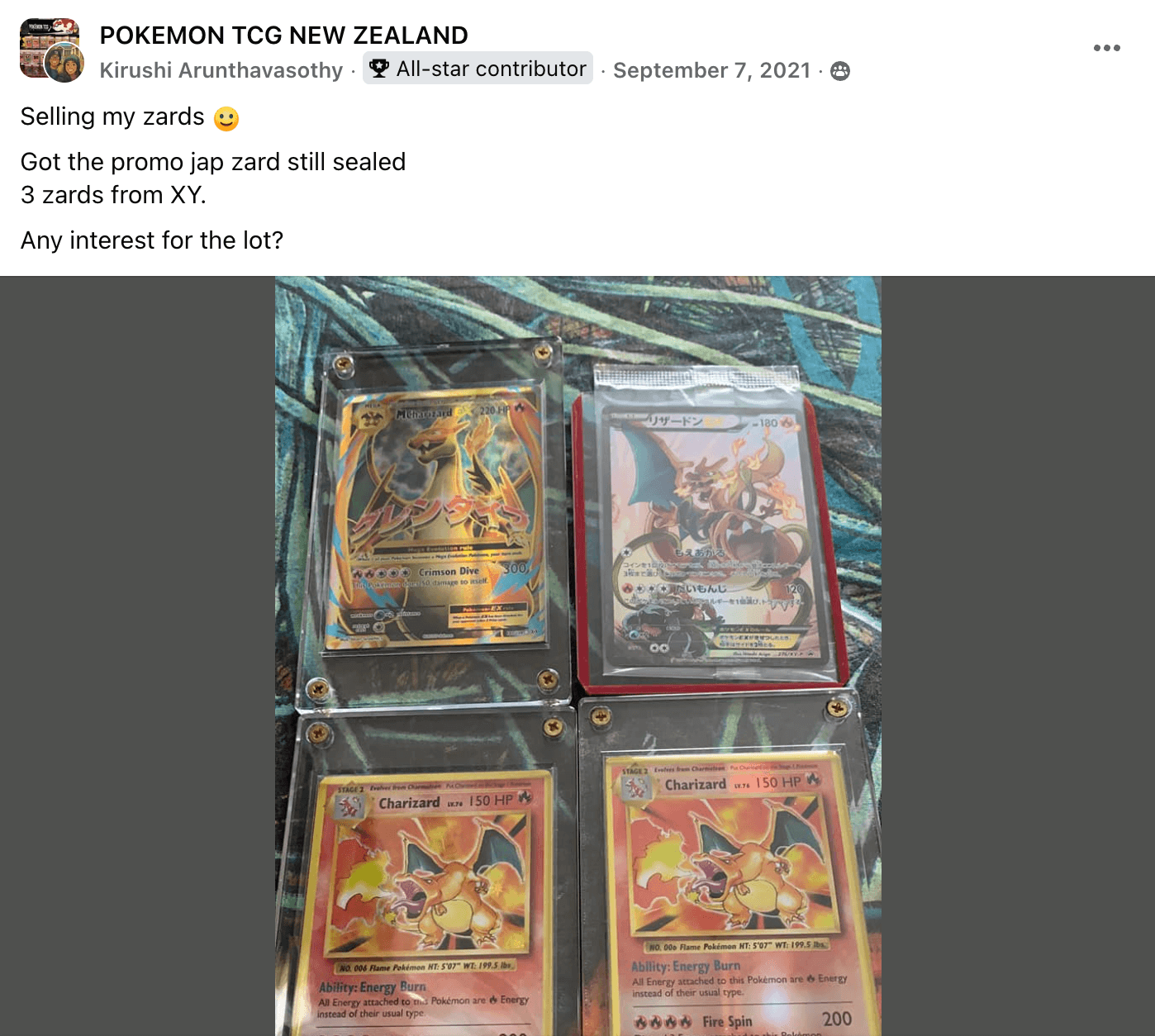 Facebook post from 2021 selling the JP Charizard promo