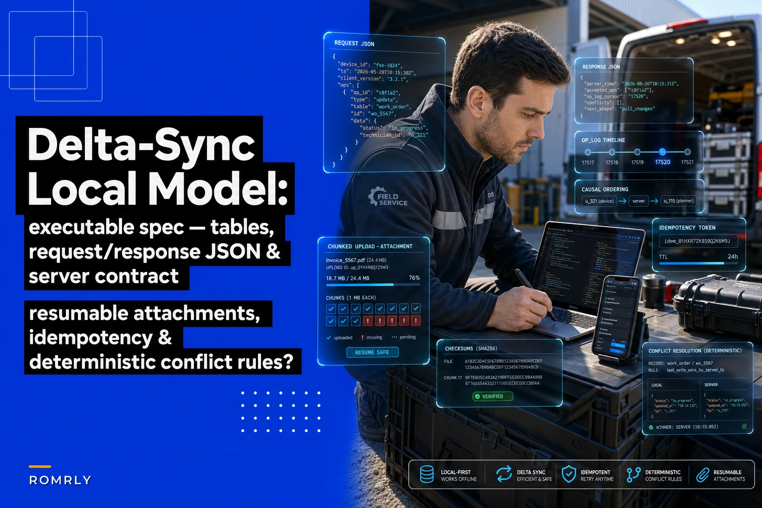 Delta-sync protocol and local data-model spec for offline-first mobile field forms