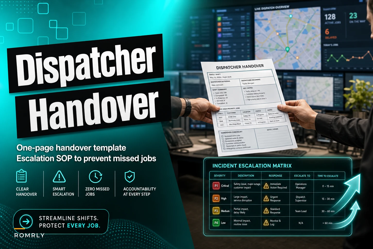 Dispatcher Shift Handover One-Page Template and Incident Escalation Matrix to Prevent Missed Jobs