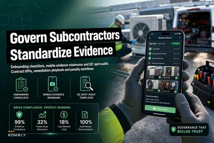 Subcontractor governance for field service: onboarding checklists, mobile evidence and QC spot‑audit templates