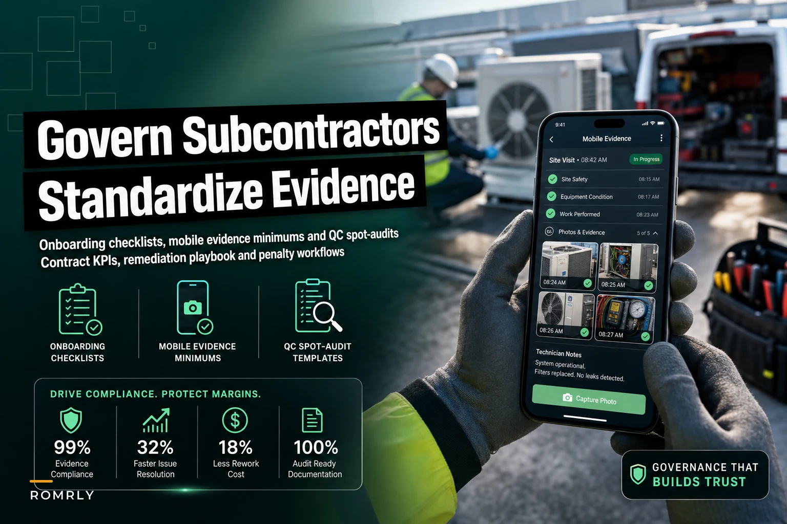 Subcontractor governance for field service: onboarding checklists, mobile evidence and QC spot-audit templates