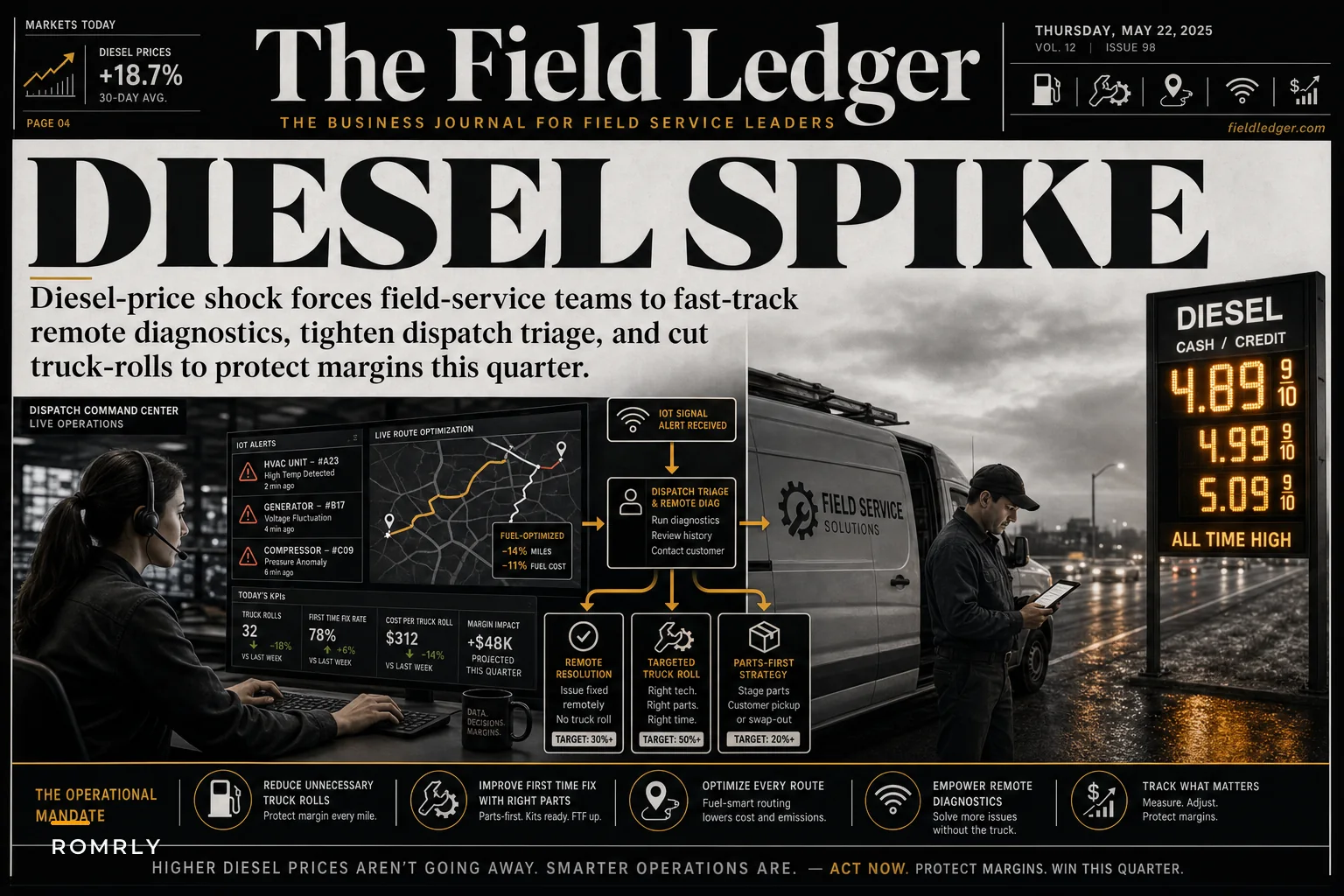 When Diesel Spikes: How Field Service Managers Can Cut Truck-Roll Costs with Remote Diagnostics and Smarter Dispatch