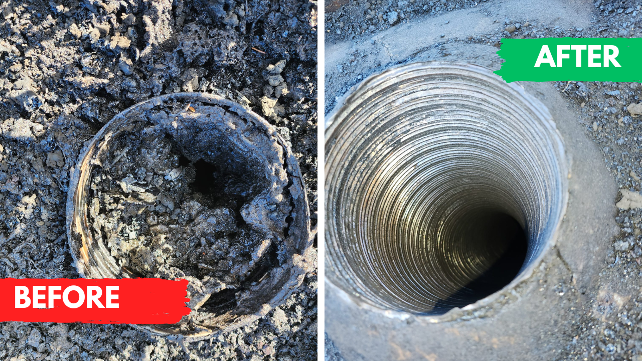 A combined before and after image showing a chimney sweep cleaning result.