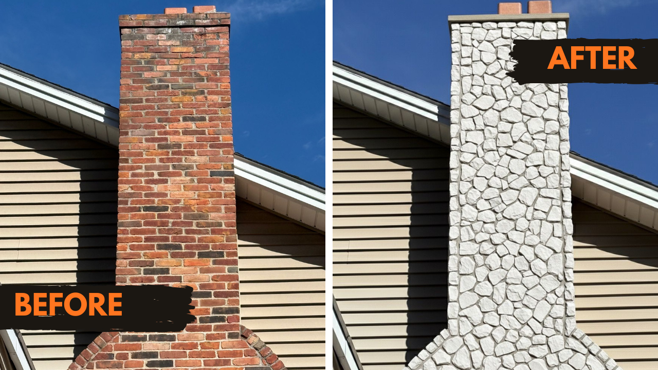 A chimney rebuild, showing the before and after states.