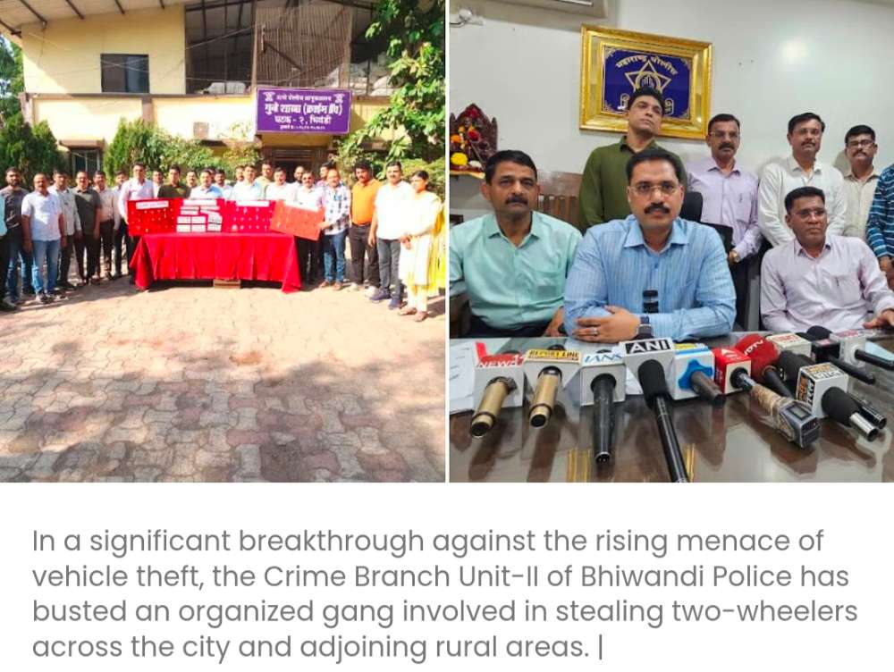 भिवंडी पुलिस ने वाहन चोरी करने वाले गिरोह का भंडाफोड़ किया, तीन लोगों को गिरफ्तार किया और 10.60 लाख रुपये मूल्य की 58 चोरी की मोटरसाइकिलें बरामद कीं