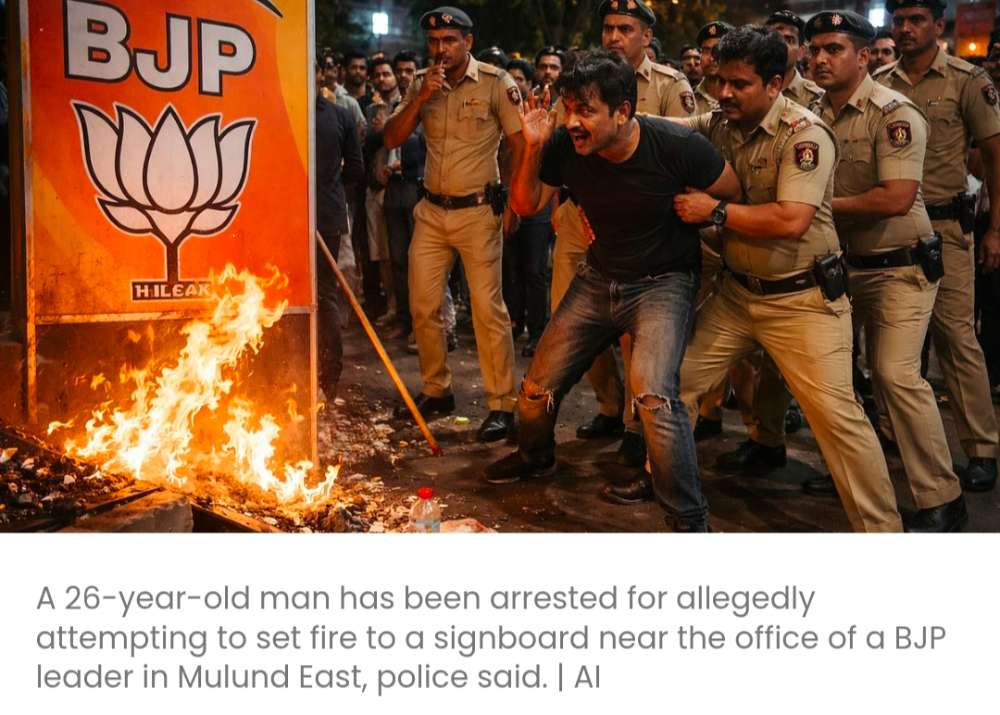 पुलिस के मुताबिक, मुलुंड पूर्व में भाजपा नेता के कार्यालय के पास लगे साइनबोर्ड को आग लगाने की कोशिश करने के आरोप में एक व्यक्ति को गिरफ्तार किया गया है