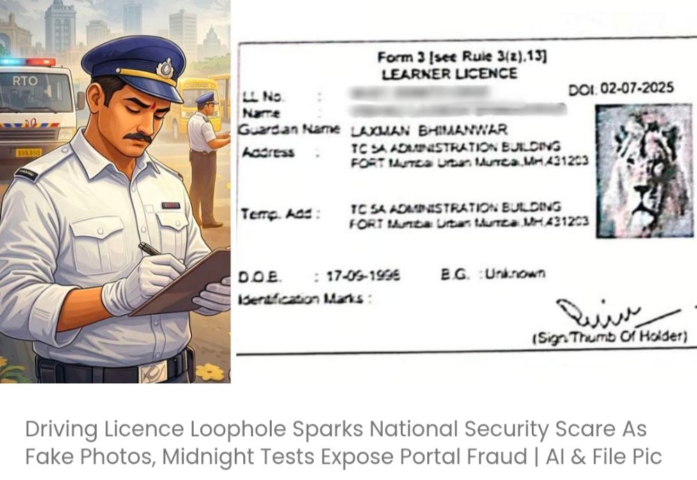 ड्राइविंग लाइसेंस में खामी के चलते राष्ट्रीय सुरक्षा को खतरा पैदा हो गया है, फर्जी तस्वीरों और आधी रात को हुए टेस्ट से पोर्टल धोखाधड़ी का पर्दाफाश हुआ है