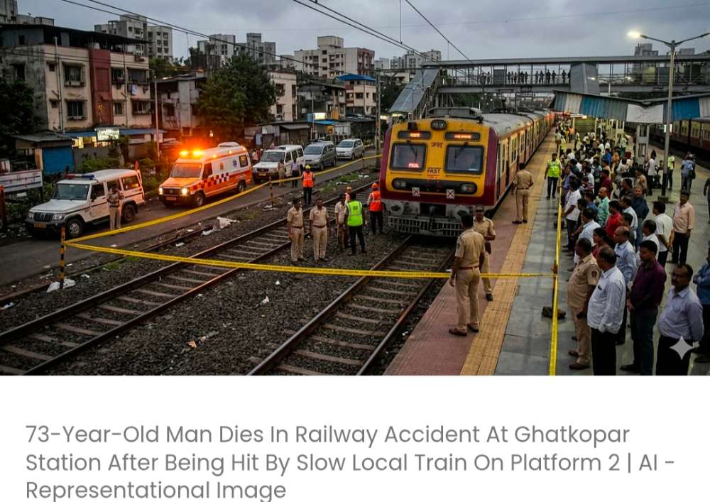 घाटकोपर स्टेशन पर प्लेटफार्म 2 पर धीमी गति से चल रही लोकल ट्रेन की चपेट में आने से 73 वर्षीय व्यक्ति की रेल दुर्घटना में मृत्यु हो गई