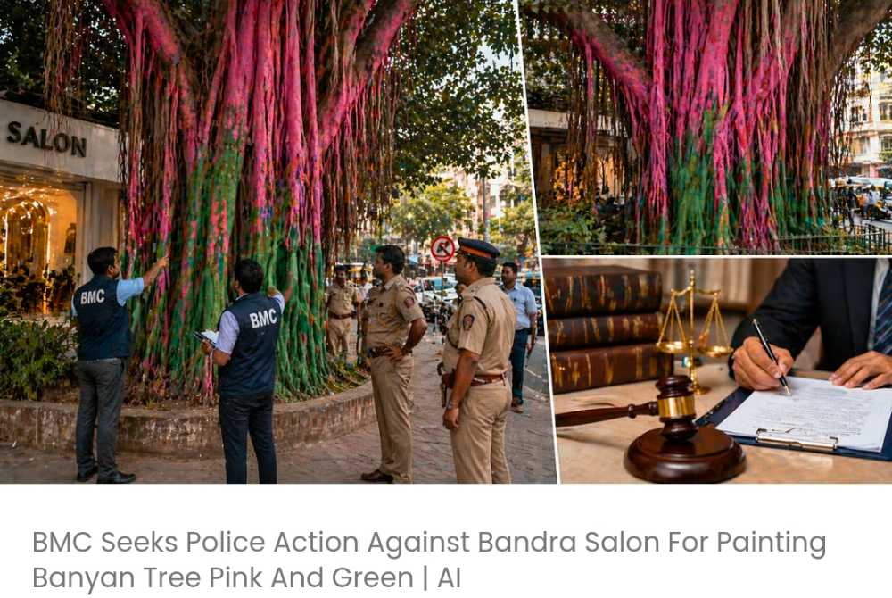 बीएमसी ने बांद्रा के एक सैलून के खिलाफ बरगद के पेड़ को गुलाबी और हरे रंग से रंगने के लिए पुलिस कार्रवाई की मांग की है; उल्लंघन करने पर जेल और जुर्माना हो सकता है