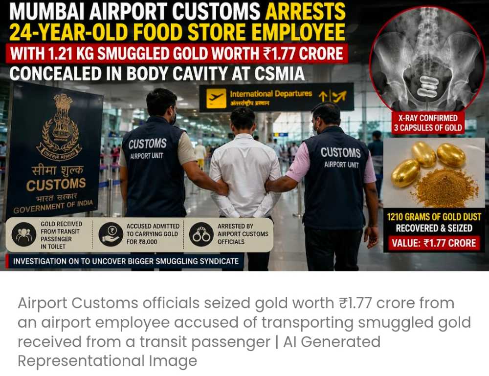 मुंबई हवाई अड्डे के सीमा शुल्क विभाग ने सीएसएमआईए में शरीर के भीतर छिपाकर रखे गए 1.21 किलोग्राम तस्करी के सोने (कीमत ₹1.77 करोड़) के साथ एक 24 वर्षीय खाद्य स्टोर कर्मचारी को गिरफ्तार किया